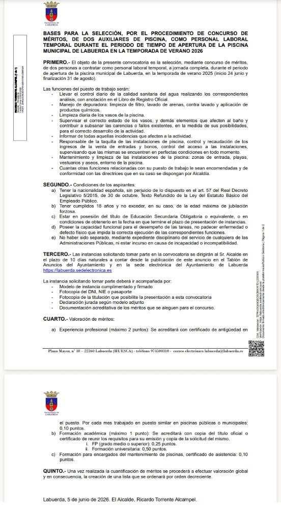 Imagen SELECCIÓN PERSONAL PARA MANTENIMIENTO PISCINAS LABUERDA TEMPORADA 2026